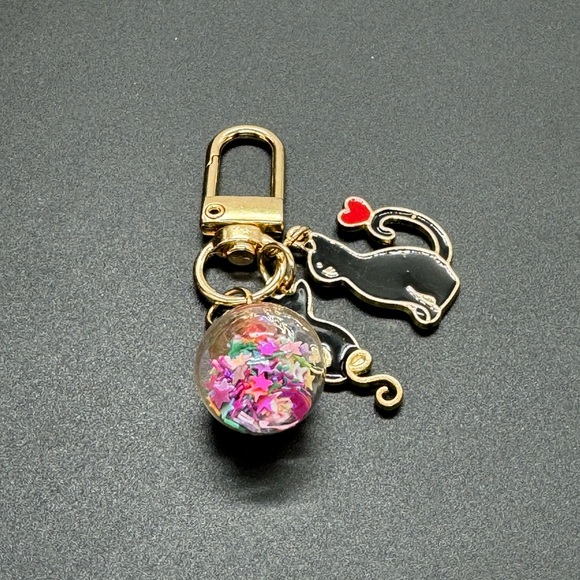 BAG CHARM Cats Heart Confetti Ball Black Key Chain - Picture 6 of 6